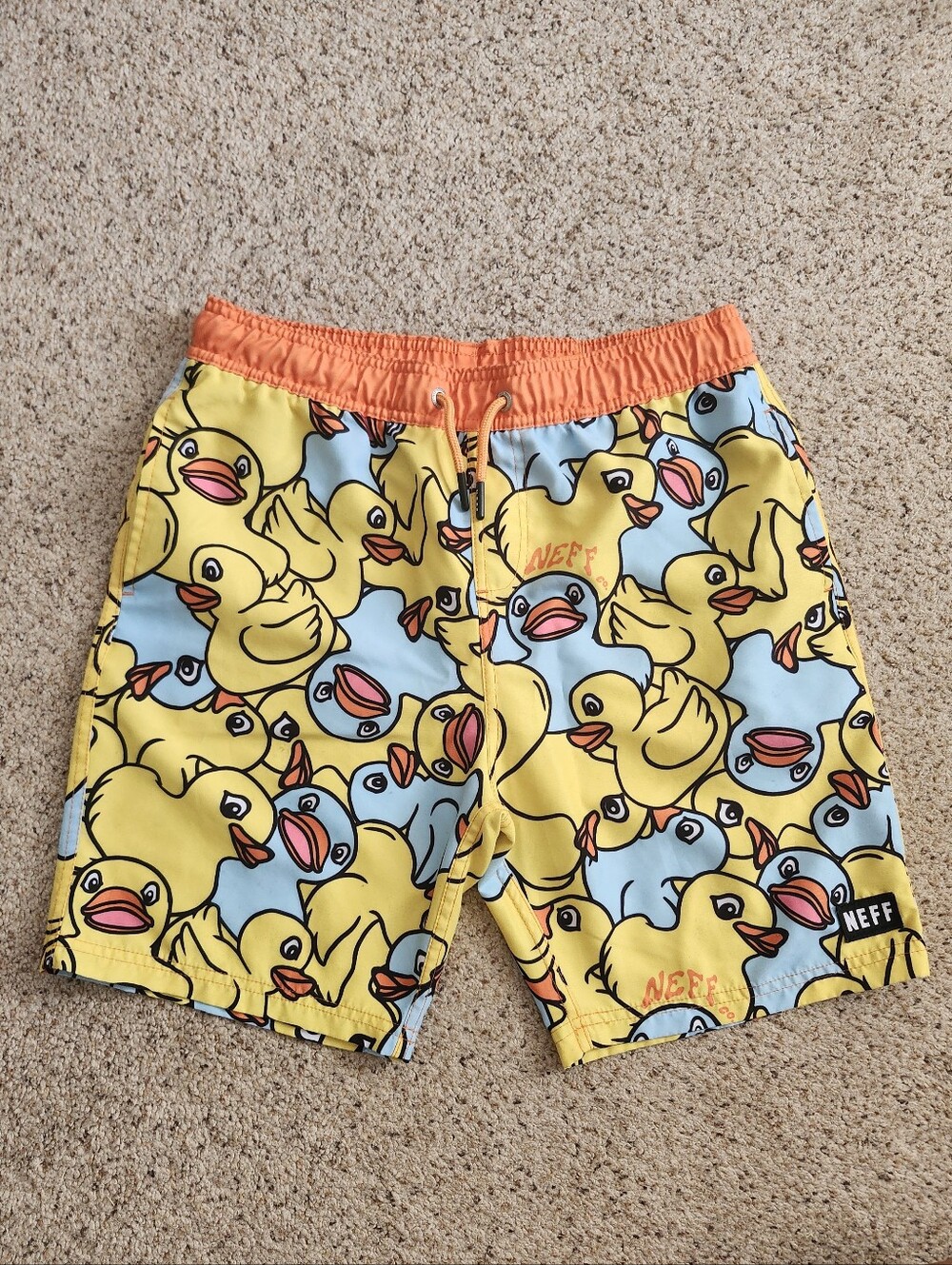 Neff Boys' Yellow & Light Blue Rubber Duck Swim Trunks with Orange Waistband